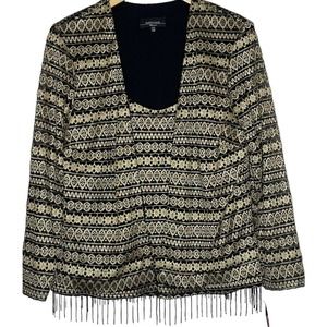 R&M Richards Twin Set Jacket 16W Attached Camisole Top Black Gold Beaded Fringe